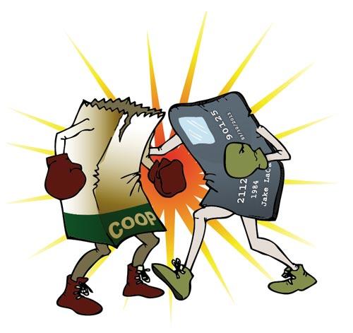 coop credit card boxing match credit card and grocery bag fighting each other