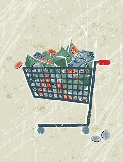money in a shopping cart